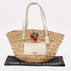 Pre Owned Coach Beige/White Raffia Straw and Leather Cherry Basket Tote
