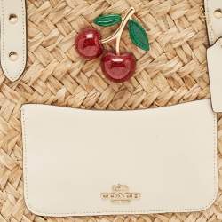 Pre Owned Coach Beige/White Raffia Straw and Leather Cherry Basket Tote