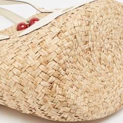 Pre Owned Coach Beige/White Raffia Straw and Leather Cherry Basket Tote