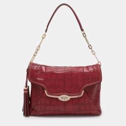 Pre Owned Coach Burgundy Croc Embossed Leather Shoulder Bag