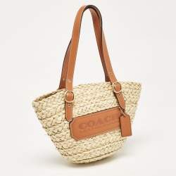 Coach Beige/Brown Raffia and Leather Structured 16 Tote 