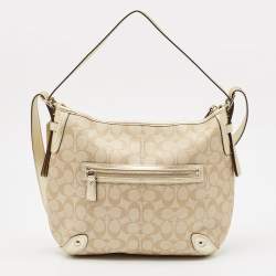 Pre Owned Coach Gold/Beige Signature Coated Canvas and Leather Chelsea Heritage Stripe Hobo