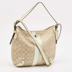 Pre Owned Coach Gold/Beige Signature Coated Canvas and Leather Chelsea Heritage Stripe Hobo