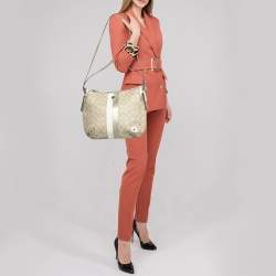 Pre Owned Coach Gold/Beige Signature Coated Canvas and Leather Chelsea Heritage Stripe Hobo