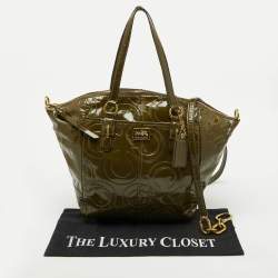 Pre Owned Coach Olive Green Op Art Embossed Patent Leather Madison Satchel