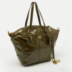 Pre Owned Coach Olive Green Op Art Embossed Patent Leather Madison Satchel