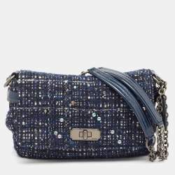 Pre Owned Coach Navy Blue Tweed and Leather Chelsea Turnlock Shoulder Bag