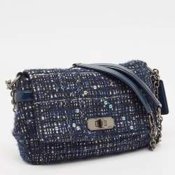 Pre Owned Coach Navy Blue Tweed and Leather Chelsea Turnlock Shoulder Bag
