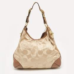 Coach Brown/Beige Signature Fabric and Snakeskin Effect Peyton Hobo