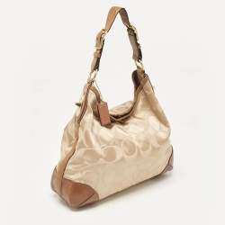 Coach Brown/Beige Signature Fabric and Snakeskin Effect Peyton Hobo