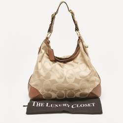 Coach Brown/Beige Signature Fabric and Snakeskin Effect Peyton Hobo