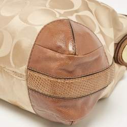 Coach Brown/Beige Signature Fabric and Snakeskin Effect Peyton Hobo