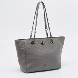 Coach Grey Signature Embossed Leather Turnlock Chain Tote