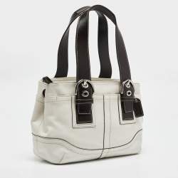 Pre Owned Coach White/Choco Brown Leather Tote
