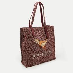 Pre Owned Coach Burgundy/Beige Canvas Rexy Dinosaur Print Shopper Tote