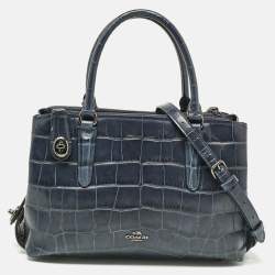 Coach Navy Blue Croc Embossed Leather Brooklyn Carryall Satchel