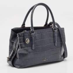 Coach Navy Blue Croc Embossed Leather Brooklyn Carryall 28 Tote