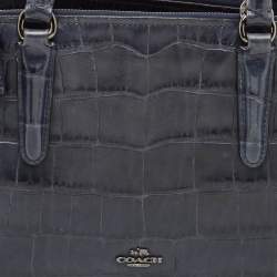 Coach Navy Blue Croc Embossed Leather Brooklyn Carryall 28 Tote