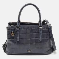 Coach Navy Blue Croc Embossed Leather Brooklyn Carryall 28 Tote