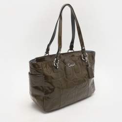 Coach Olive Green Op Art Embossed Patent Leather East West Gallery Tote
