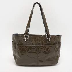 Coach Olive Green Op Art Embossed Patent Leather East West Gallery Tote