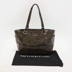 Coach Olive Green Op Art Embossed Patent Leather East West Gallery Tote
