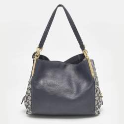 Pre Owned Coach Navy Blue Signature Jacquard Canvas and Leather Dalton 31 Shoulder Bag