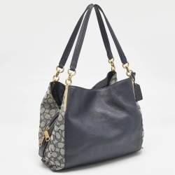 Pre Owned Coach Navy Blue Signature Jacquard Canvas and Leather Dalton 31 Shoulder Bag