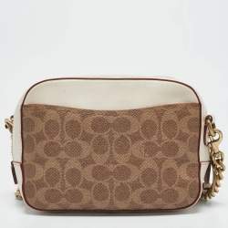 Coach White/Brown Signature Coated Canvas Camera Crossbody Bag