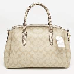 Coach Beige Signature Coated Canvas and Snake Print Leather Sage Carryall Satchel