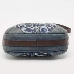 Pre Owned Coach Blue/Dark Brown Signature Canvas and Suede Shoulder Bag
