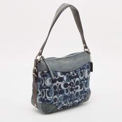 Pre Owned Coach Blue/Dark Brown Signature Canvas and Suede Shoulder Bag