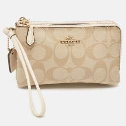 Coach Beige Signature Coated Canvas Double Corner Zip Wristlet Pouch