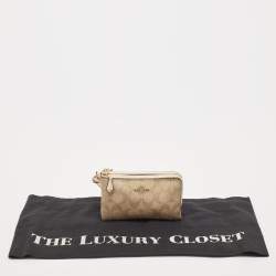 Coach Beige Signature Coated Canvas Double Corner Zip Wristlet Pouch
