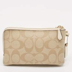 Coach Beige Signature Coated Canvas Double Corner Zip Wristlet Pouch