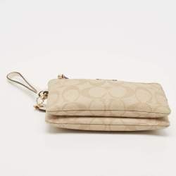 Coach Beige Signature Coated Canvas Double Corner Zip Wristlet Pouch