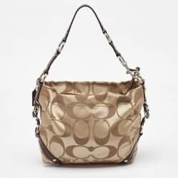 Coach Beige/Dark Brown Signature Canvas and Patent Leather Carly Hobo
