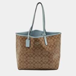 Pre Owned Coach Brown/Light Blue Signature Coated Canvas Reversible City Tote