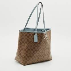 Pre Owned Coach Brown/Light Blue Signature Coated Canvas Reversible City Tote