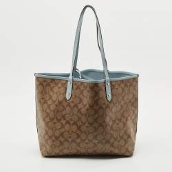 Pre Owned Coach Brown/Light Blue Signature Coated Canvas Reversible City Tote