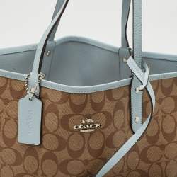Pre Owned Coach Brown/Light Blue Signature Coated Canvas Reversible City Tote