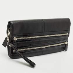 Coach Black Leather and Patent Leather Double Zip Long Clutch