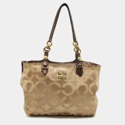 Coach Beige/Brown Signature OP Art Fabric and Leather Carryall Shoulder Bag