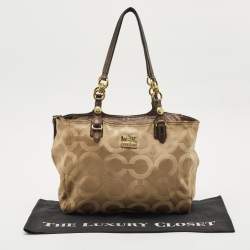 Coach Beige/Brown Signature OP Art Fabric and Leather Carryall Shoulder Bag