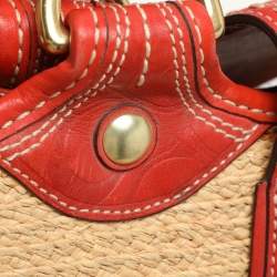 Coach Beige/Burnt Orange Raffia and Leather Buckle Flap Tote