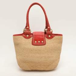 Coach Beige/Burnt Orange Raffia and Leather Buckle Flap Tote
