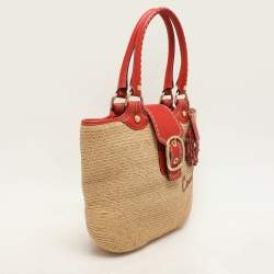 Coach Beige/Burnt Orange Raffia and Leather Buckle Flap Tote