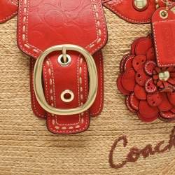 Coach Beige/Burnt Orange Raffia and Leather Buckle Flap Tote