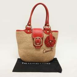 Coach Beige/Burnt Orange Raffia and Leather Buckle Flap Tote