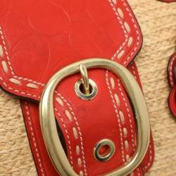 Coach Beige/Burnt Orange Raffia and Leather Buckle Flap Tote